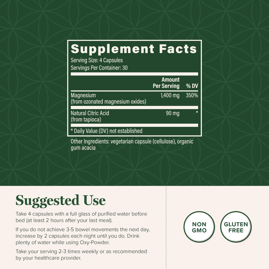 Supplement Facts and suggested use for Oxy-Powder