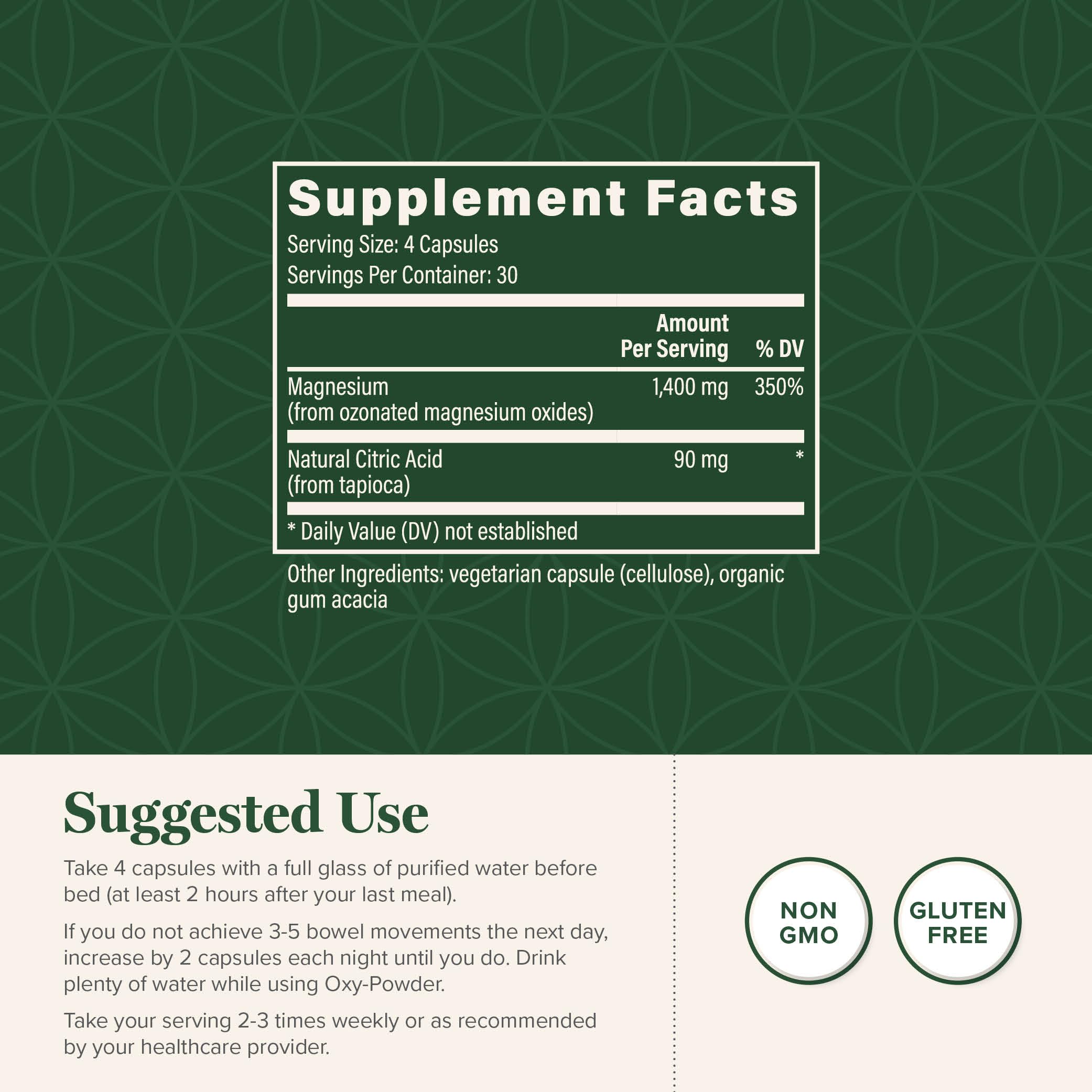 Supplement Facts and suggested use for Oxy-Powder