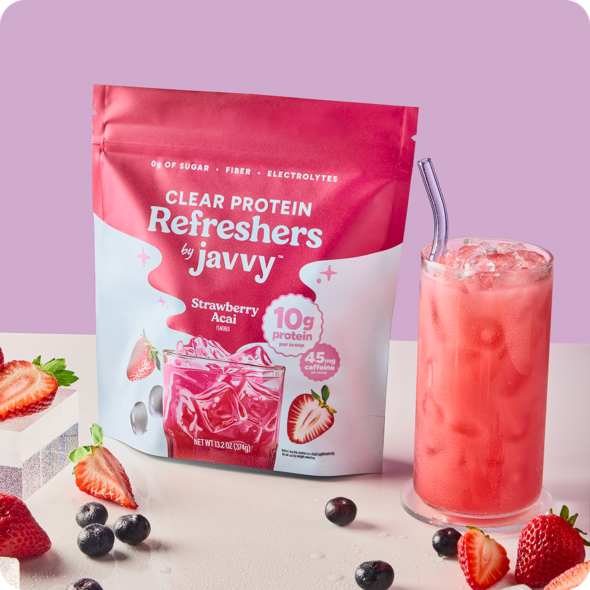 Strawberry Acai Protein Refresher poured over ice