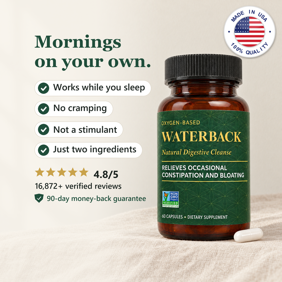 WaterBack bottle. Mornings on your own: works while you sleep, no cramping, not a stimulant, just two ingredients. Rated 4.8 out of 5. 90-day money-back guarantee. Made in USA.